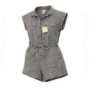 NWT Nicole Miller New York Braided Rope Tie Romper Short Sleeve Sz S Quiet Shade